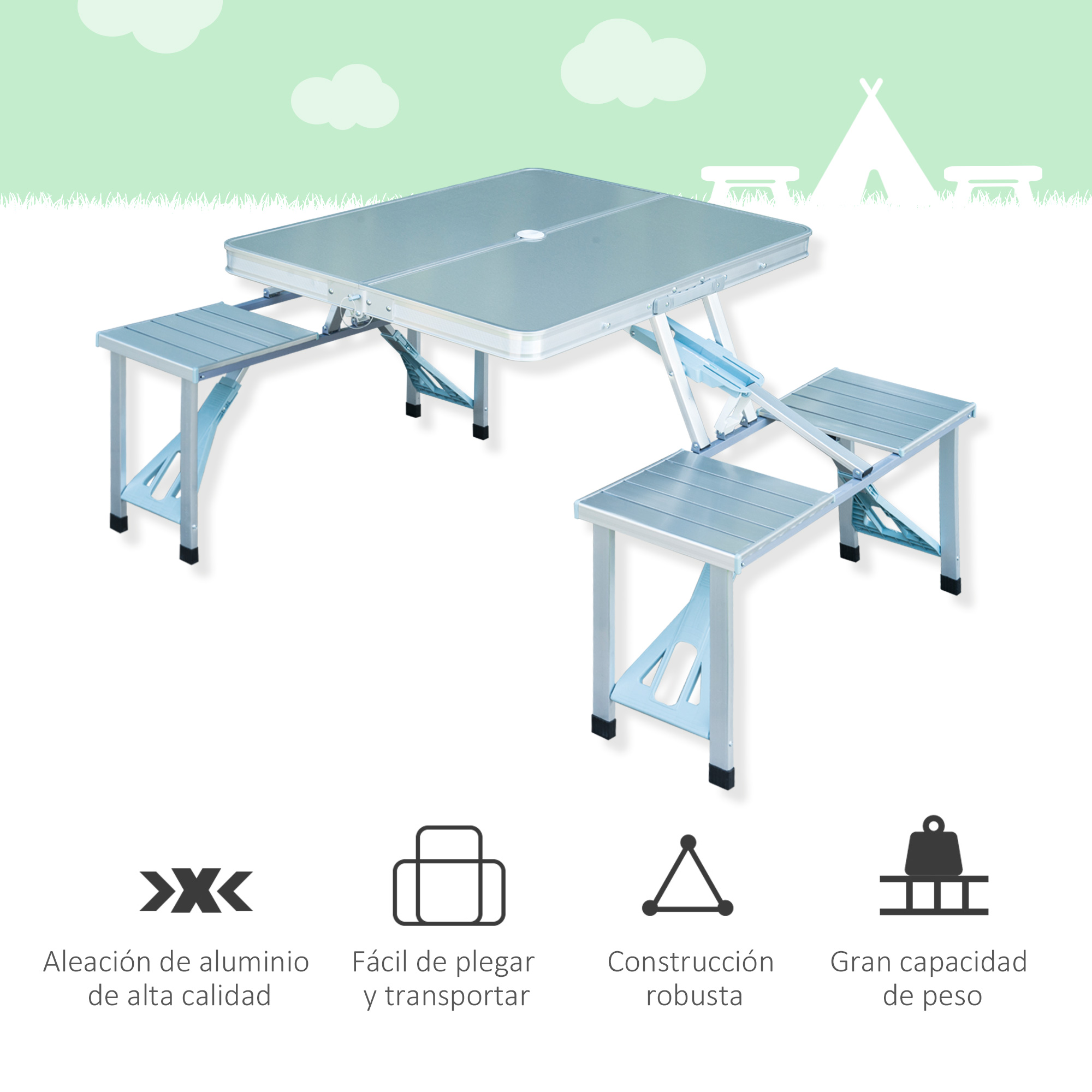 Mesa dobrável portátil Outsunny para camping, com 4 assentos e orifício para guarda-sol.