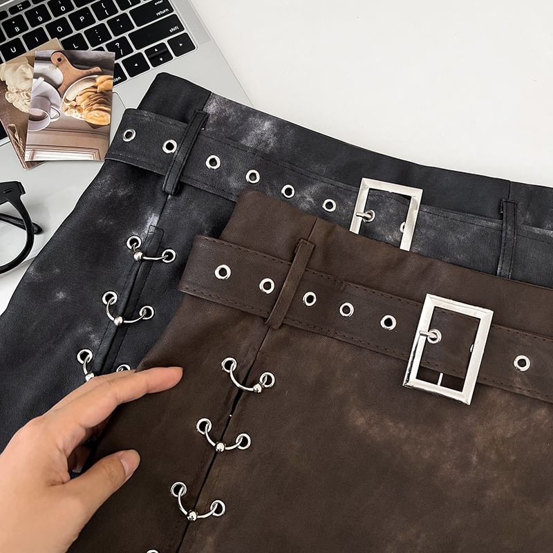 Babique - Set: Hoge taille imitatieleren ringrok met A-lijn + riem