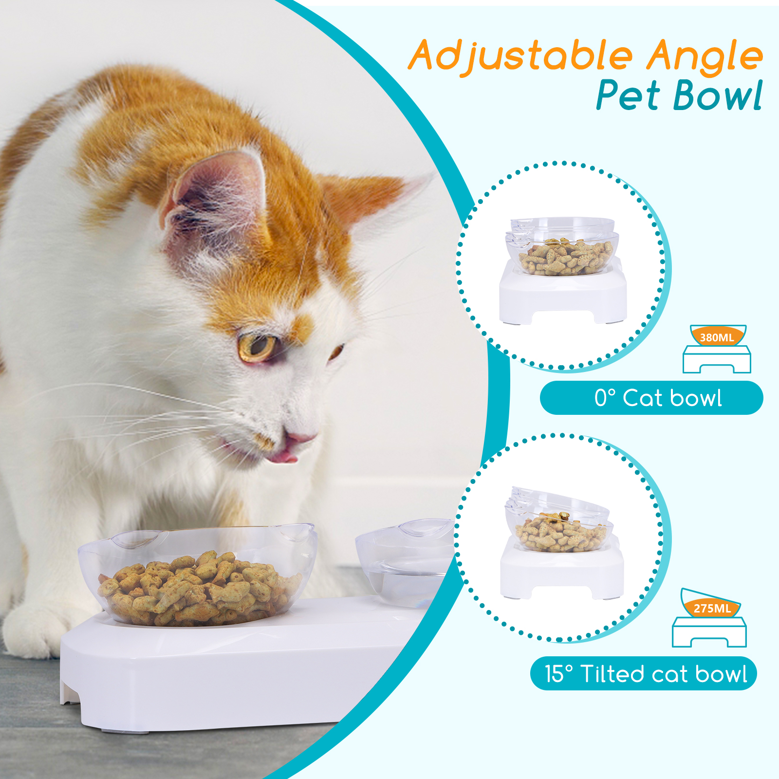 Nobleza - Alimentador para Gatos com Ângulo Ajustável de 0° e 15°, Tigela com Suporte Elevado, Alimentador Duplo Transparente para Cães e Gatos, Base de Silicone Antiderrapante (2 Tigelas)