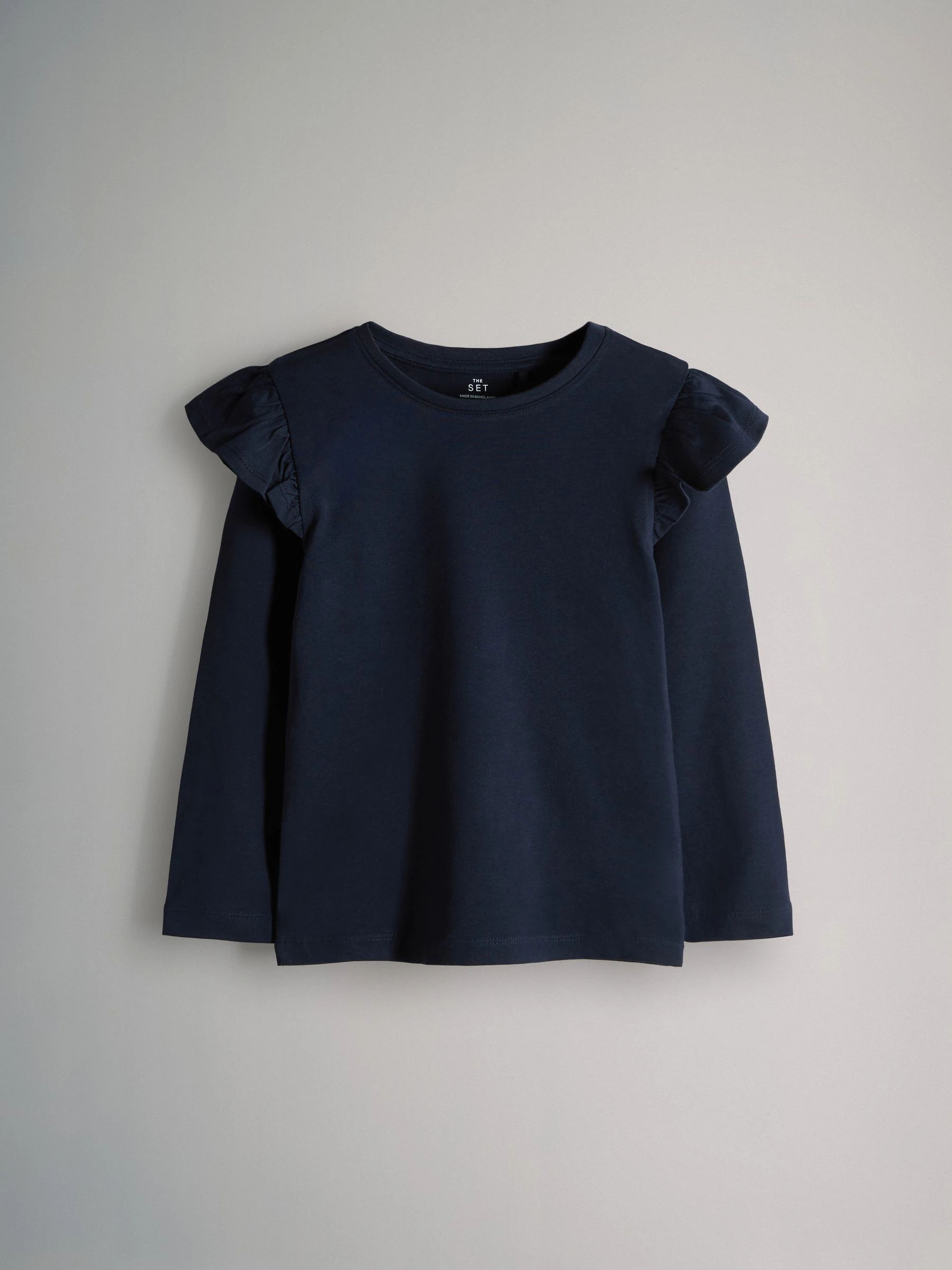 Navy/Grey Marl/White/Spot - The Set 4 Pack Long Sleeve Ruffle Cotton T-Shirts