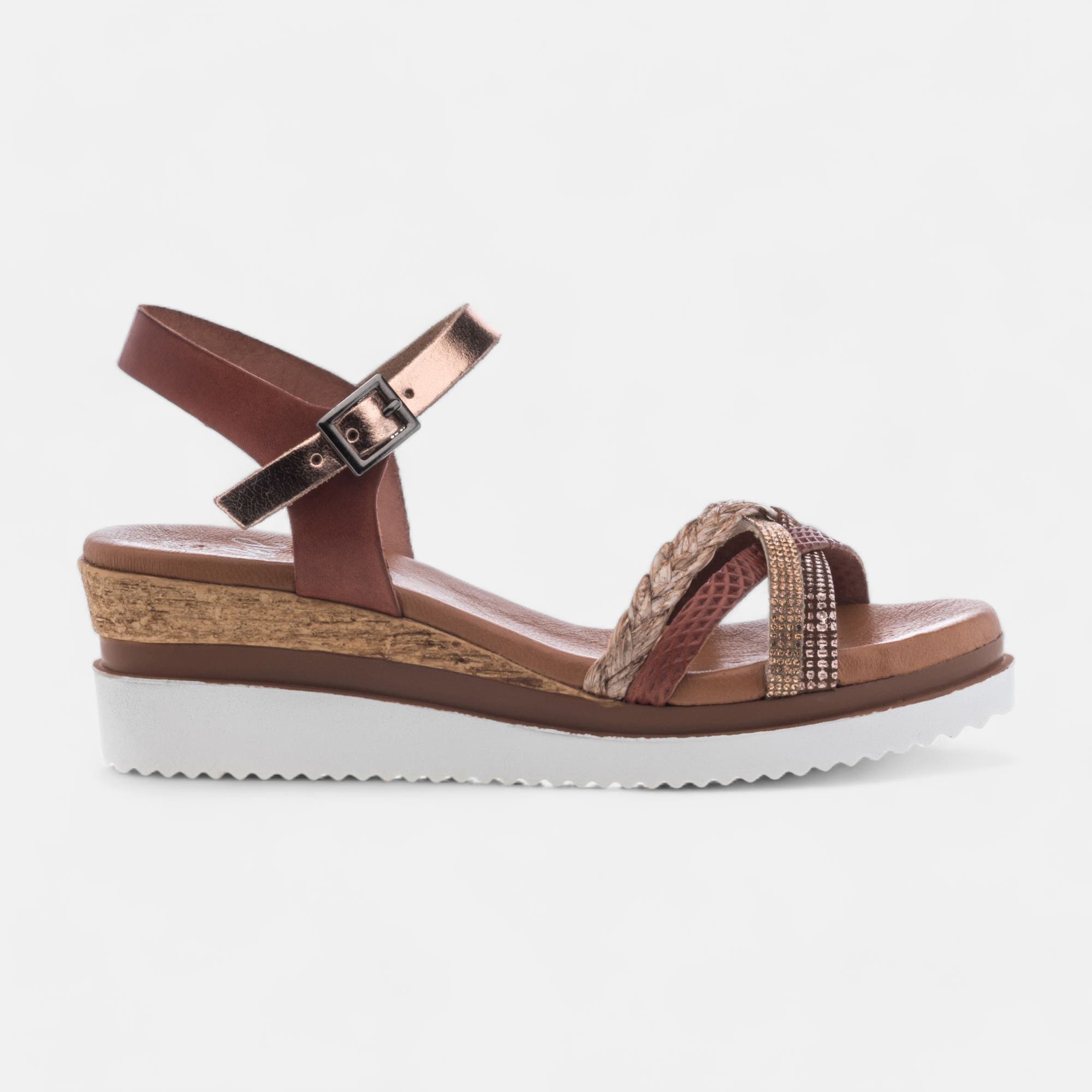 Sandales à talon compensé Femme en cuir cognac