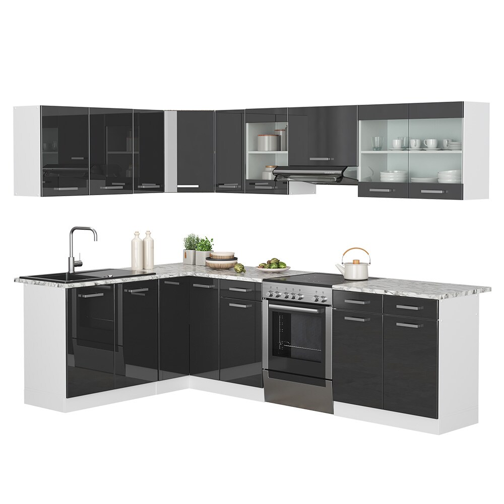 Vicco Eckküche Küchenblock Einbauküche Rick Weiß Anthrazit Hochglanz 270 cm modern Küchen Schränke Spülenunterschrank Eck-Unterschrank Eck-Hängeschrank Arbeitsplatte Küchenmöbel Küchenzeile L-Küche