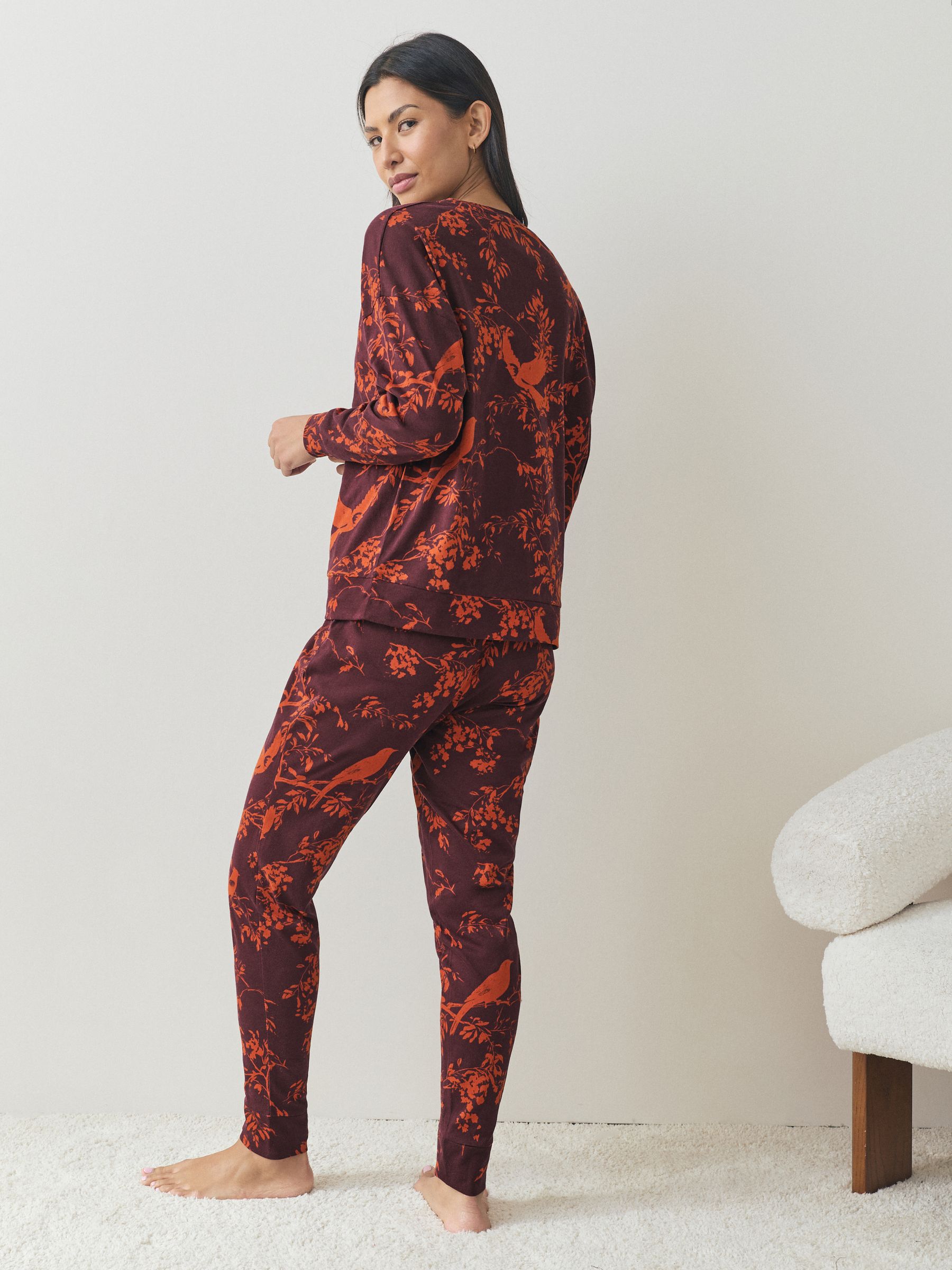 Bessenrood met vogels - Pyjama met lange mouwen