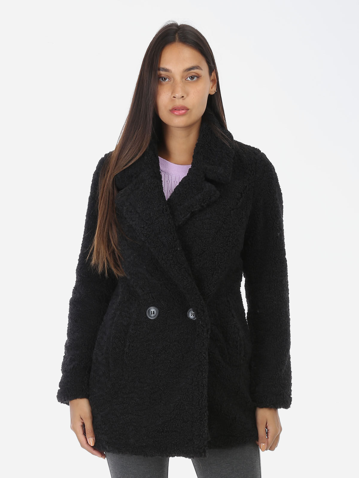 Manteau en tissu moutonné- Noir