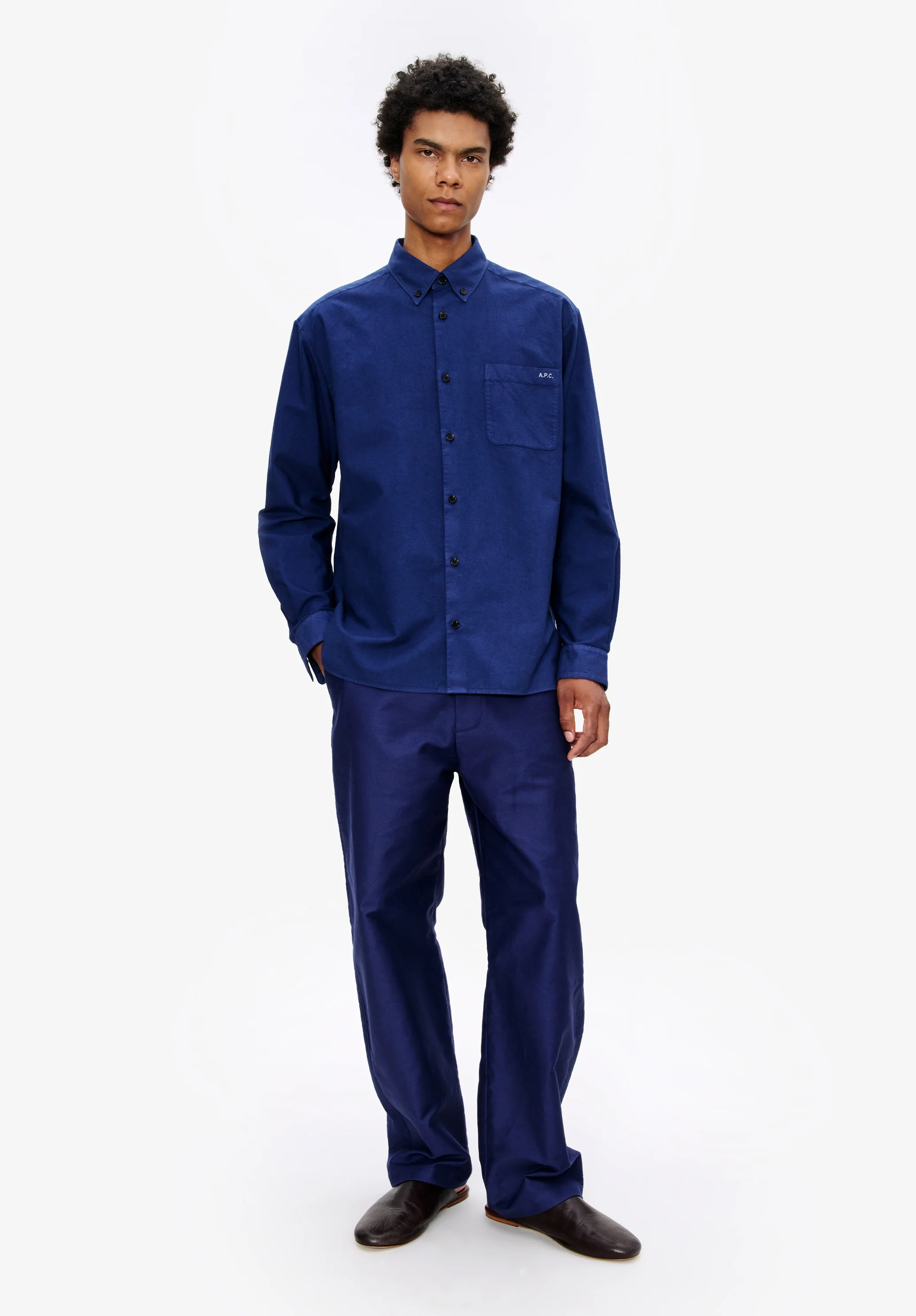 Chemise bleue à petit logo en coton bio - Marine