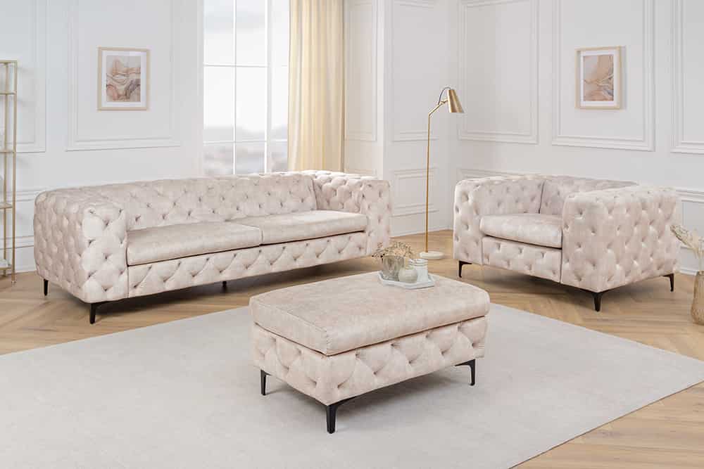 Chesterfield 3-Sitzer Sofa MODERN BAROCK 235cm champagner beige Samt Federkern