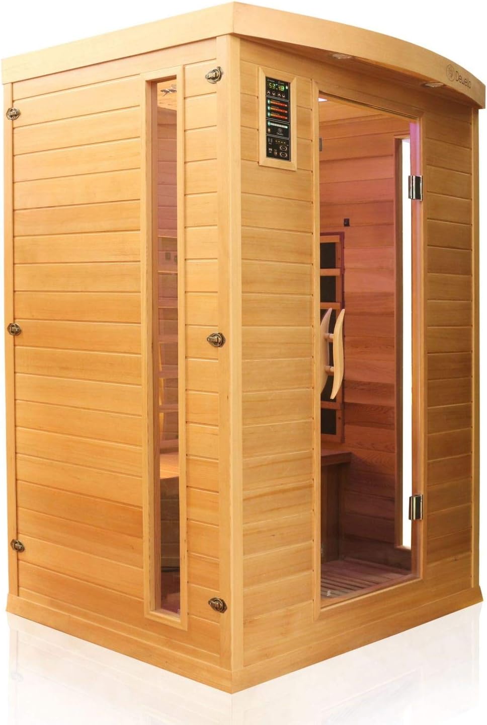 Dewello® Infrarotkabine Infrarotsauna Pierson PRO 135x105 für 1-2 Personen aus Hemlock und Zedern Holz mit Duo Vollspektrumstrahler, Bodenstrahler, LED-Farblicht, Bluetooth, FM,MP3,USB