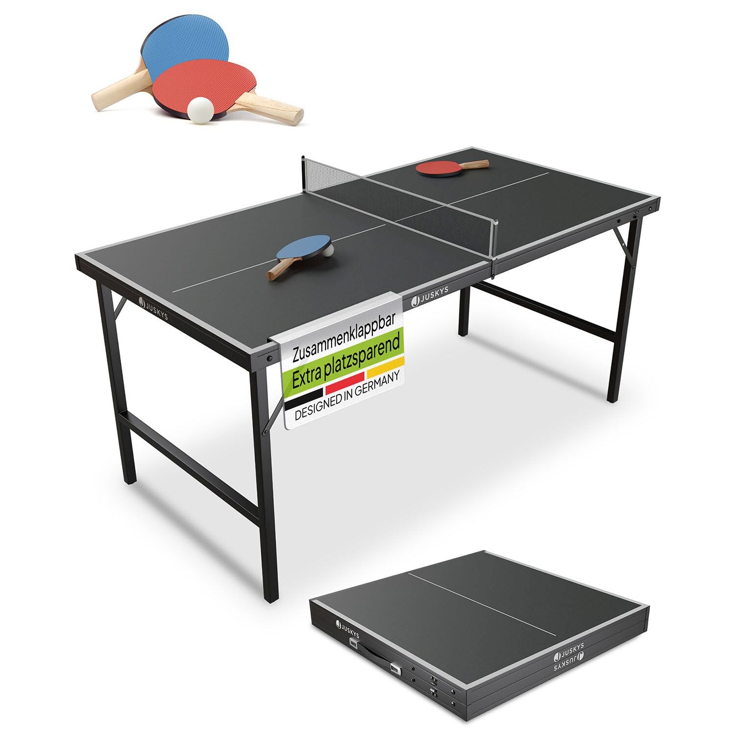 Juskys Mini Tischtennisplatte Flexi mit Zubehör - Tisch klappbar - Indoor Tischtennis für Zuhause - Schwarz