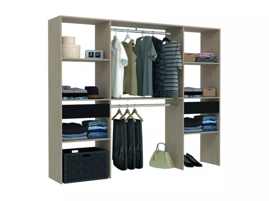 Grand dressing bois avec 2 penderies, 6 étagères, 2 tiroirs ELYSEE