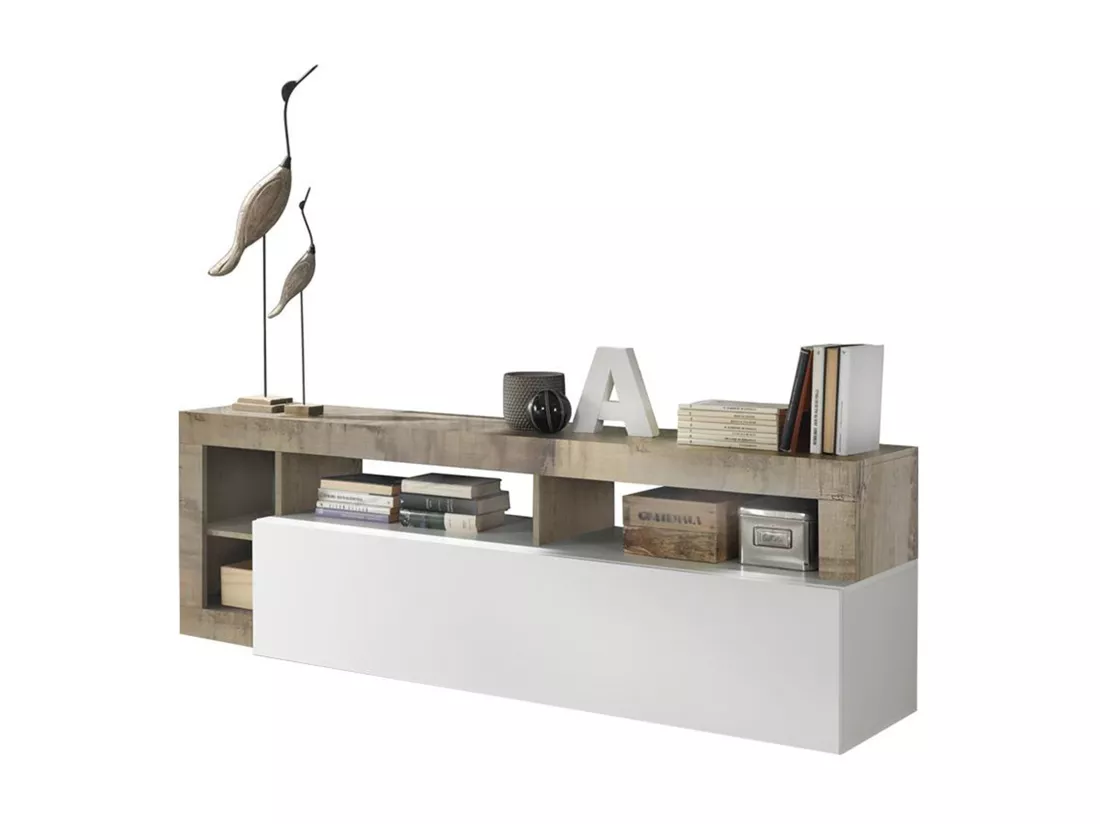 Meuble TV SEFRO - 1 porte et 4 niches - Blanc laqué et chêne
