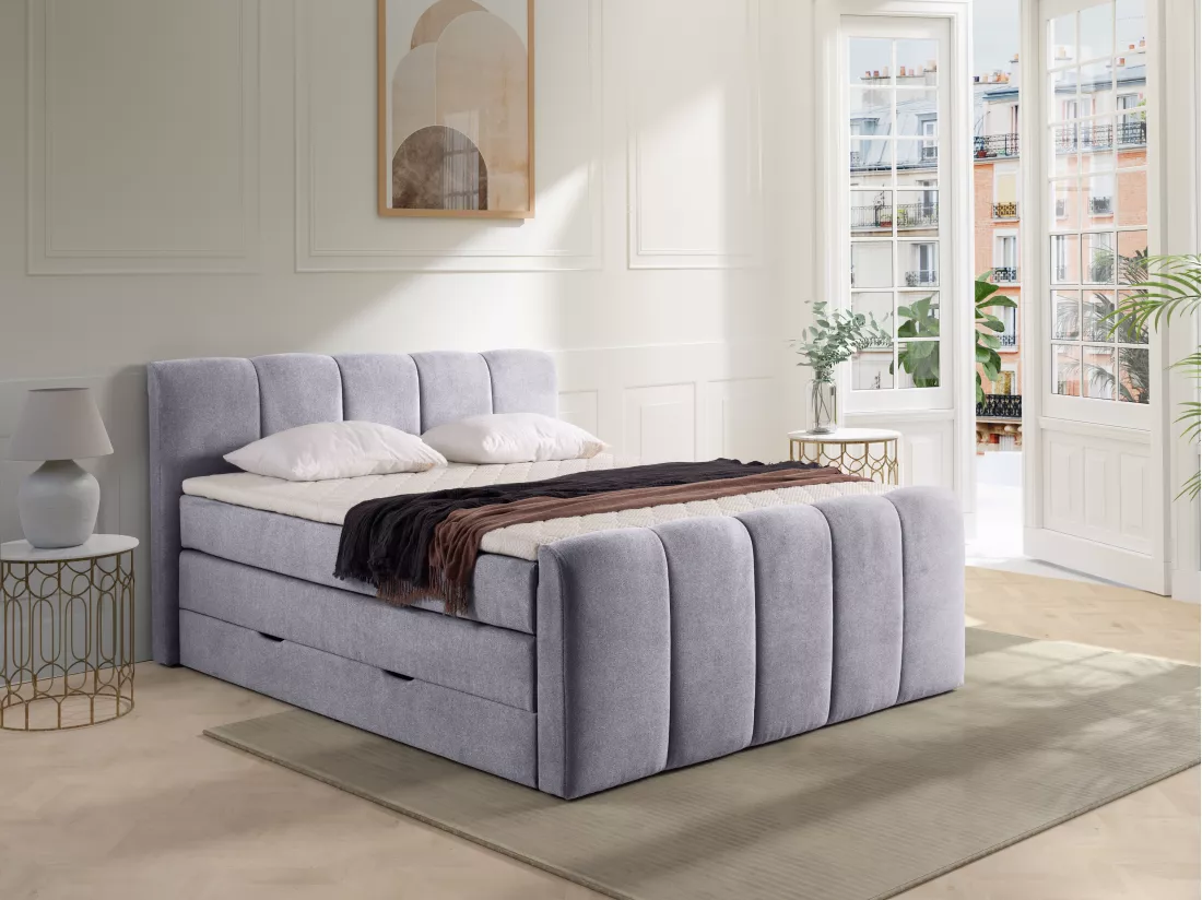 Ensemble complet boxspring tête de lit capitonnée + sommiers coffre + matelas + surmatelas - 160 x 200 cm - Tissu - Gris clair - VERONE II de PALACIO