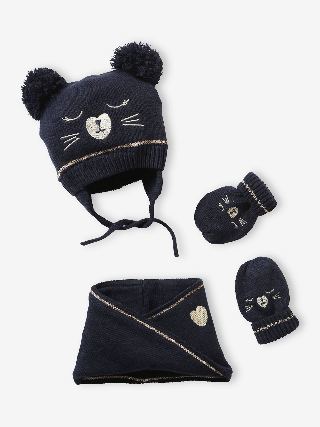 Conjunto de malha jacquard para bebê menina, composto por gorro, cachecol e luvas, na cor azul escuro lisa com estampas.