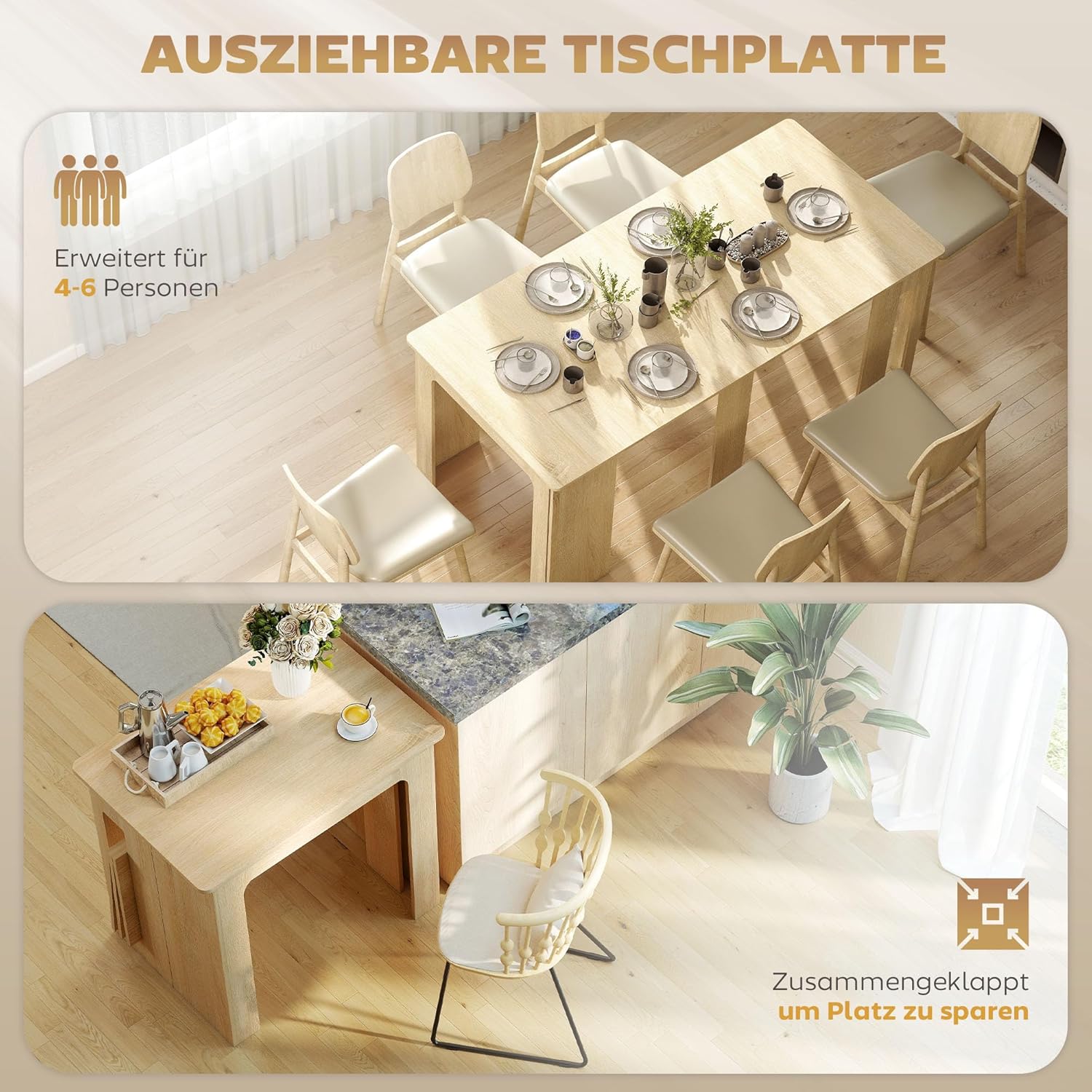 HOMCOM Esstisch, 60-180x85cm 3 Stufig Ausziehbar Küchentisch für bis 6 Personen, Modern Esszimmertisch, für Wohnzimmer, Esszimmer, Küche, Natur