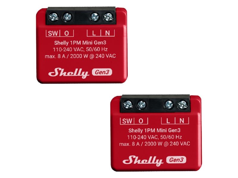 Shelly WLAN-Schaltaktor Mini PM Gen3, 2 Stück WLAN-gesteuerter intelligenter Schalter, 1 Kanal 8 A, mit Leistungsmessung