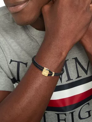 Pulseira de couro preta com monograma TH