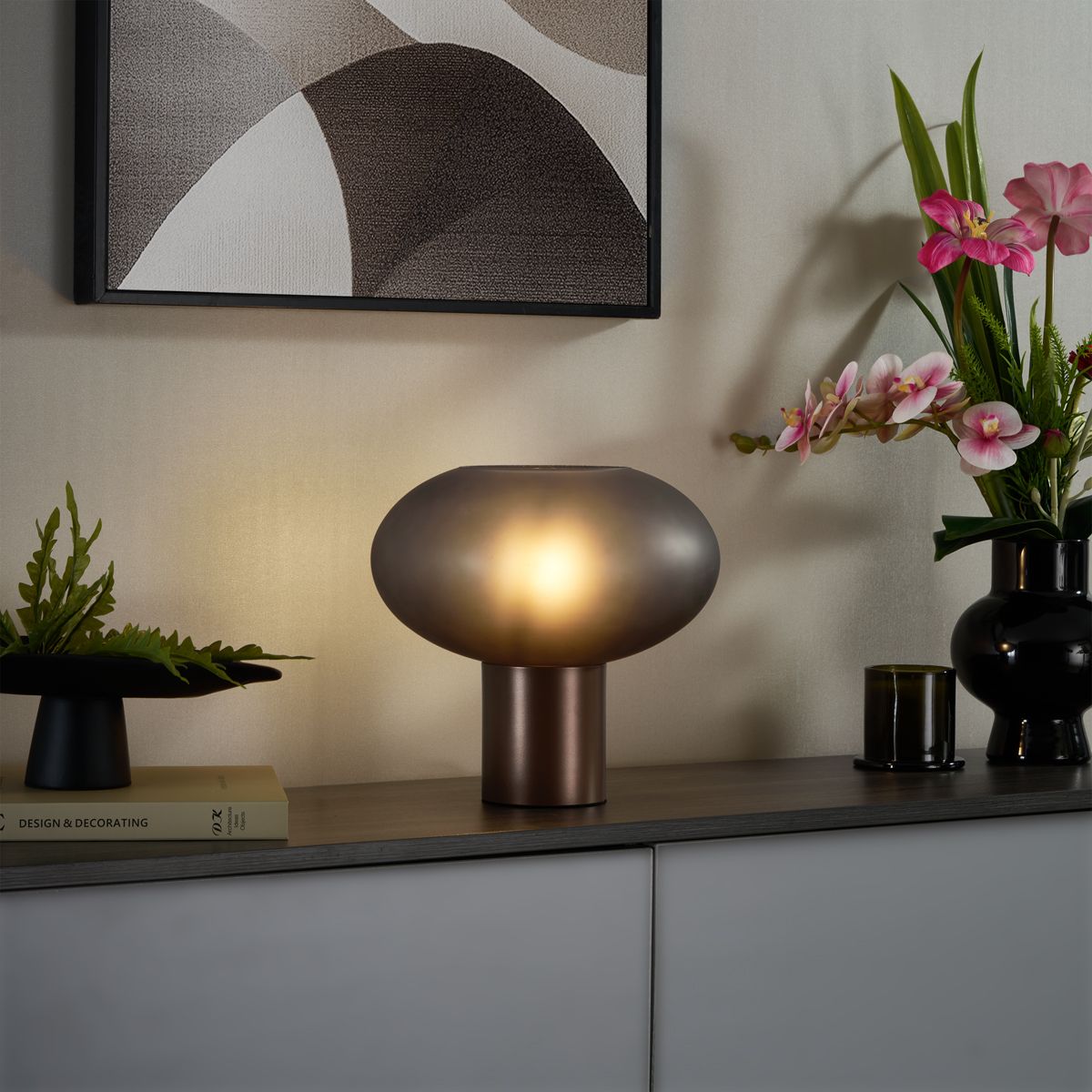 Design tafellamp brons met mat grijs glas - Umbrella