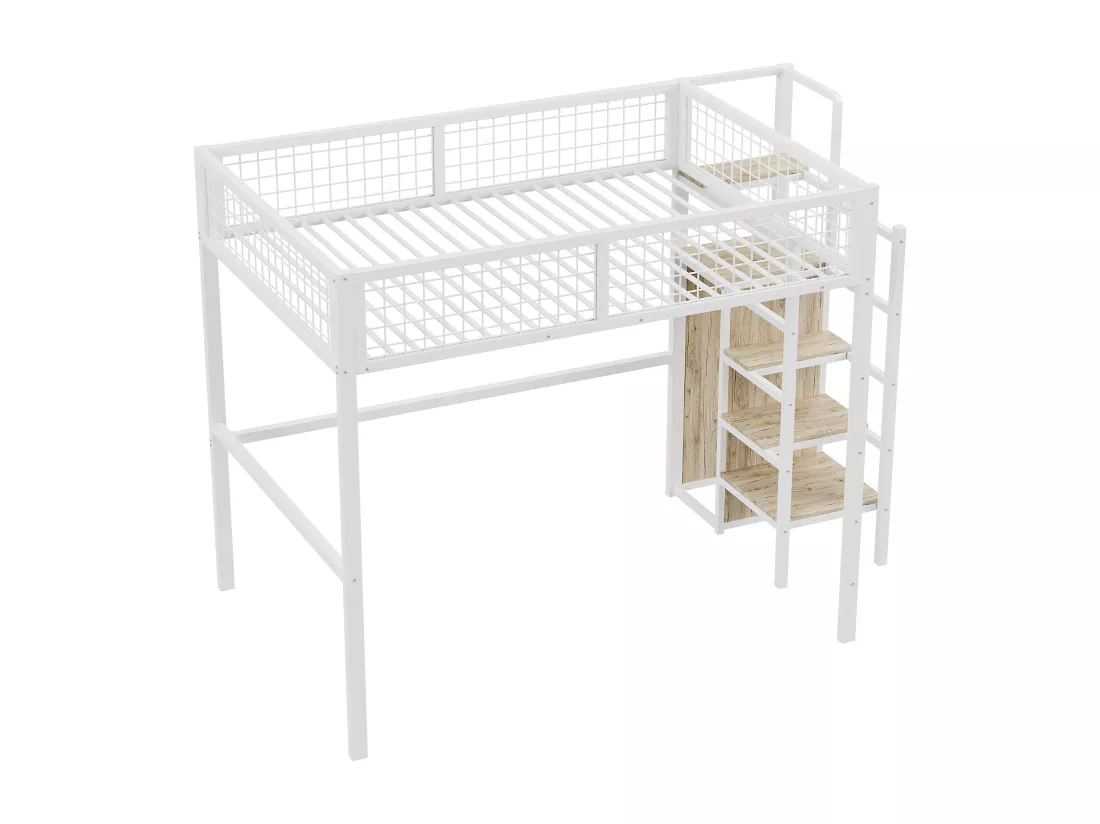Lit mezzanine 140 x 200 cm avec armoire ouverte et échelle - structure en métal - blanc