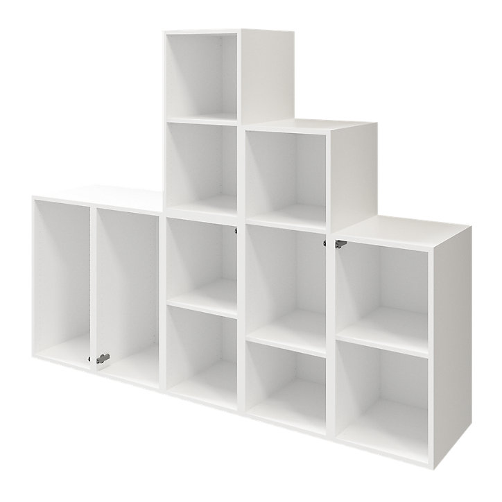 Ensemble de meubles de rangement portes battantes et tiroirs blancs et effet chêne GoodHome Atomia H. 150 x L. 187,5 x P. 47 cm
