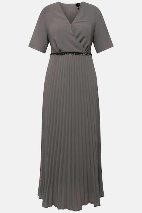 Maxikleid, Plissee, Wickeloptik, V-Ausschnitt, Halbarm