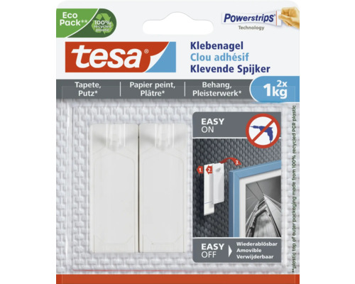 tesa lijmspijker voor behang & pleisterwerk, wit, draagvermogen 1 kg, 2 stuks.