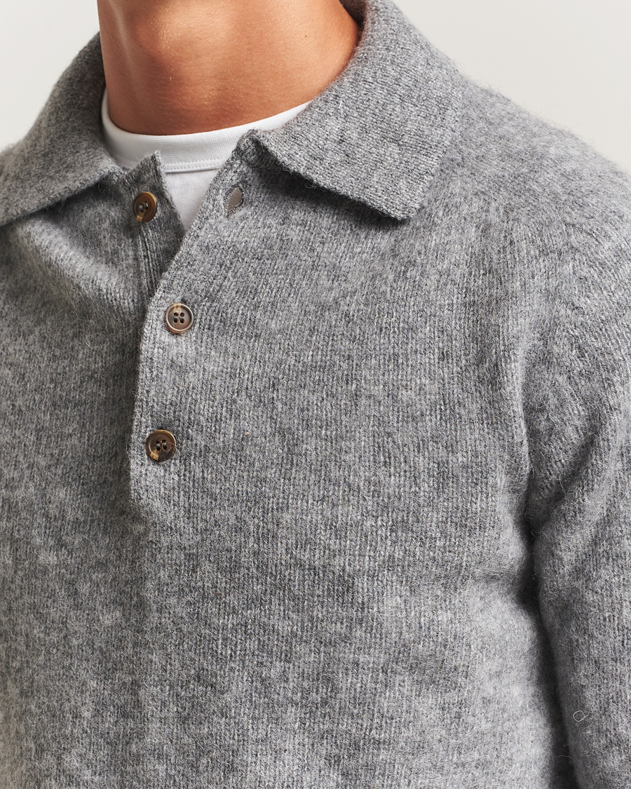 Harley Of Scotland Brushed Supersoft Lambswool Polo Mid Grey