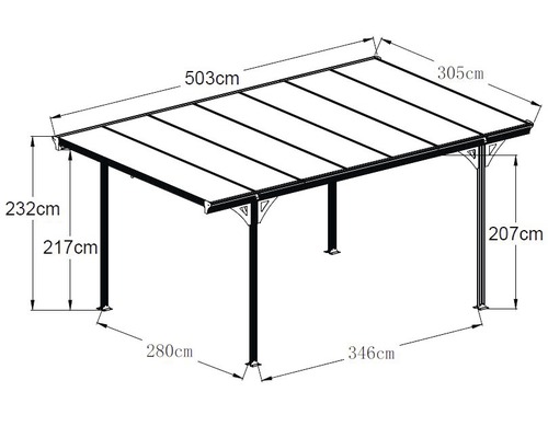 Enkele carport WESTMANN plat dak 6 mm dubbelwandige polycarbonaatplaten 15 m² incl. regengoot 305 x 503 cm antraciet