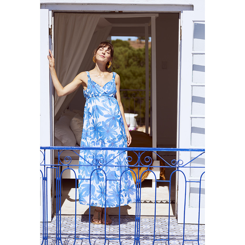 Robe longue de grossesse à bretelles en voile imprimé fleuri
