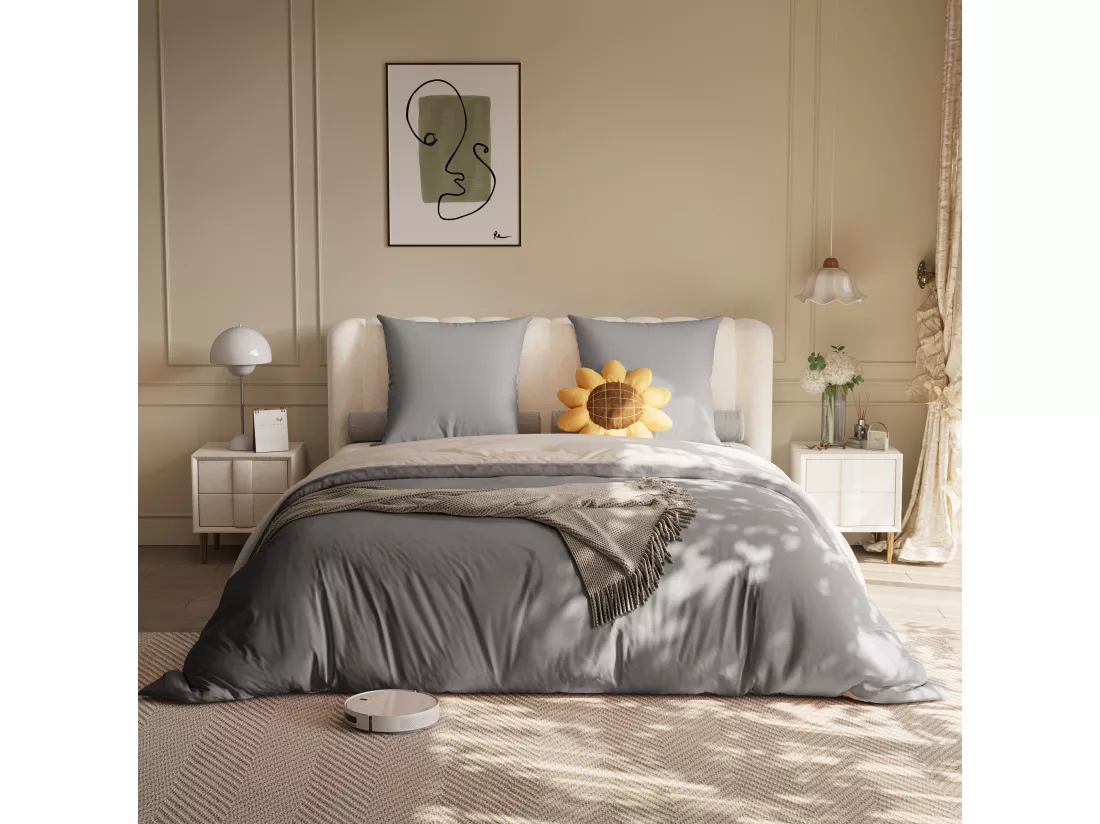 Parure de lit 3 pièces, d'oreiller*2(80 x 80),drap-housse(160 x 200)+housse de couette(155 x 220),Gris foncé+gris clair,polyester