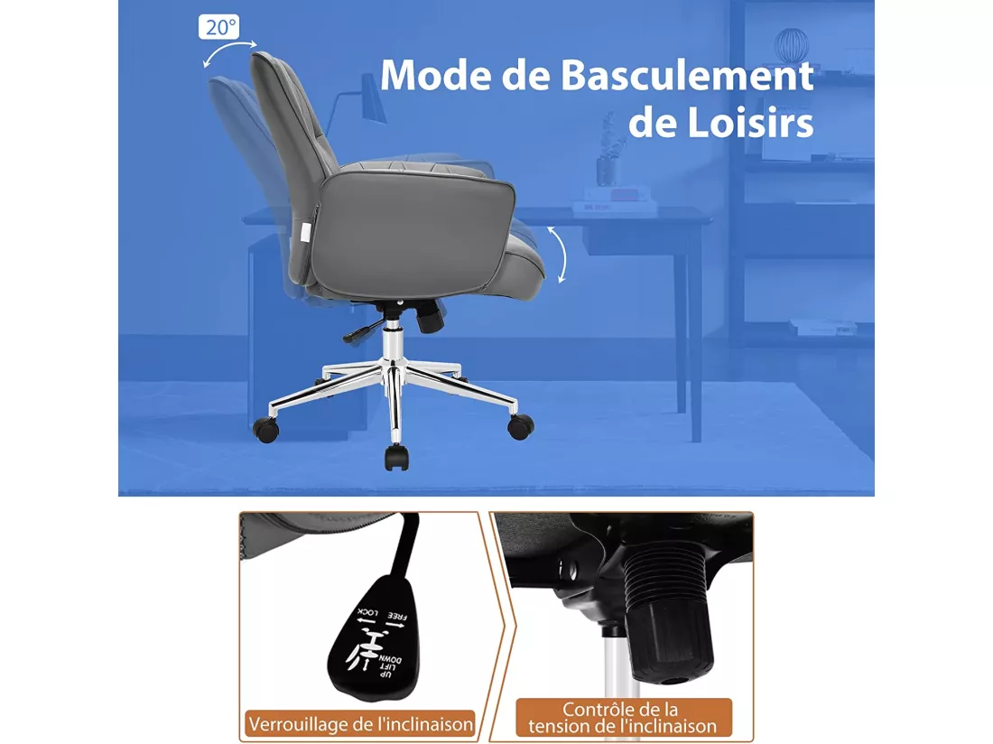 Fauteuil de Bureau Moderne en Cuir PU, Chaise Siège de Bureau à Bascule Réglable en Hauteur, Accoudoirs Rembourrés pour Les Jeux et Le Travail