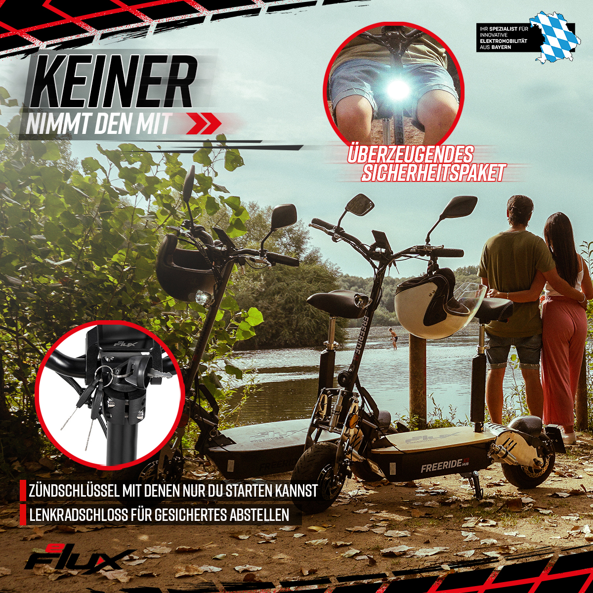 eFlux Freeride X2, E-Scooter mit Straßenzulassung, Hub-Version, Sitz, 2500 Watt, 45 km/h, Easy-Fold (Schwarz)