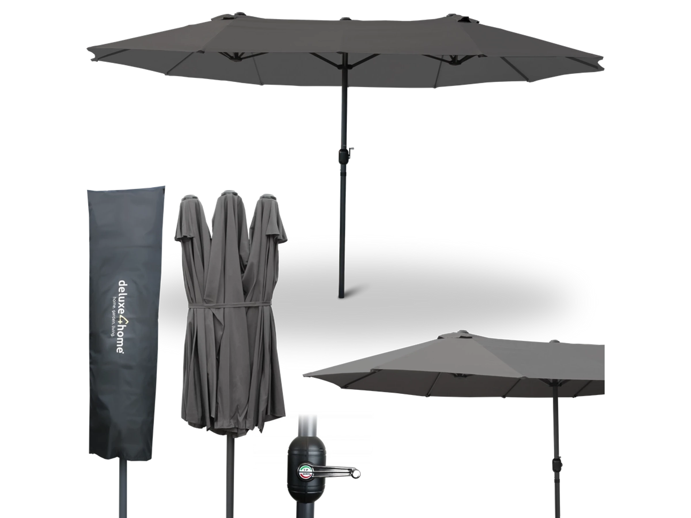 deluxe4home XXL Doppelsonnenschirm 450cm x 260cm mit Handkurbel Anthrazit