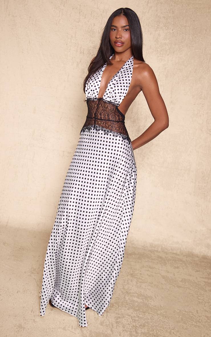 Blanc Robe Longue En Satin À Pois Avec Empiècement En Dentelle Contrastée