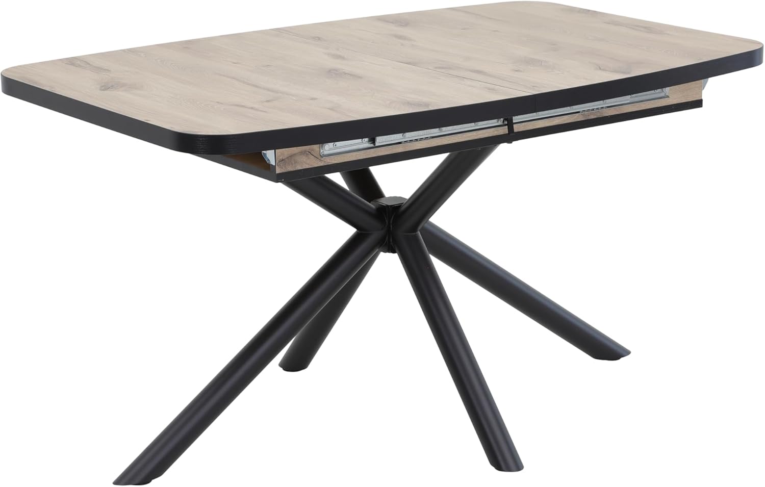 Hela Tische, Ausziehbarer Esstisch Tokio mit X-Gestell, Bootsform, 140-180 cm, Melaminbeschichtung Holzoptik Viking Oak, Schwarzes Spinnen-Metallgestell, Synchonauszug