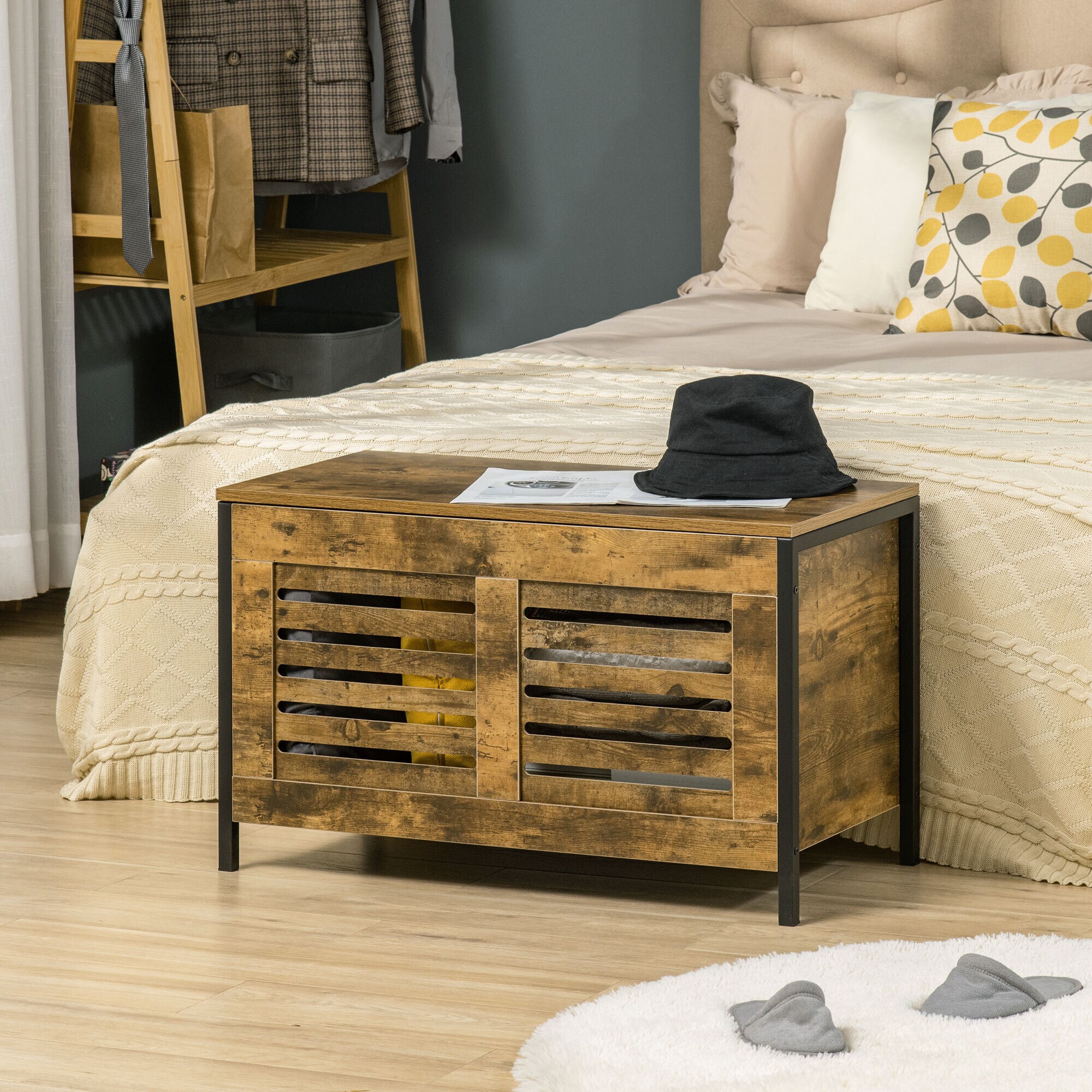 HOMCOM Aufbewahrungstruhe mit Deckel braun 80L x 40B x 49H cm
