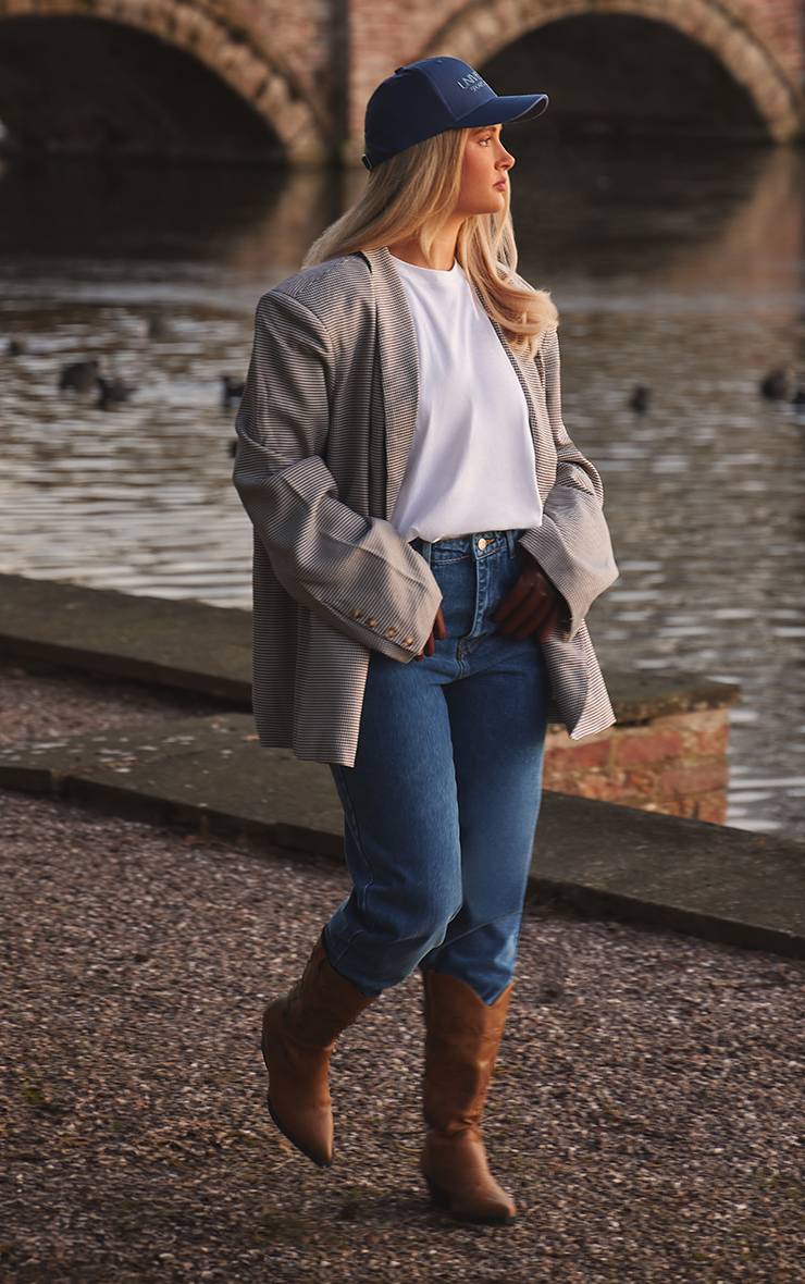 Blazer Oversize À Épaulettes Motif Pied-de-poule Avec Ourlet Arrondi