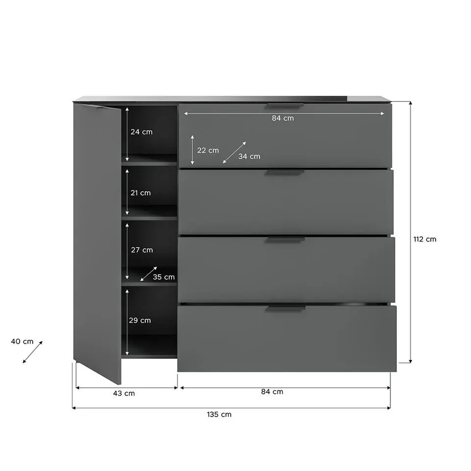 Hioshop Ray dressoir 4 laden 1 deur antraciet