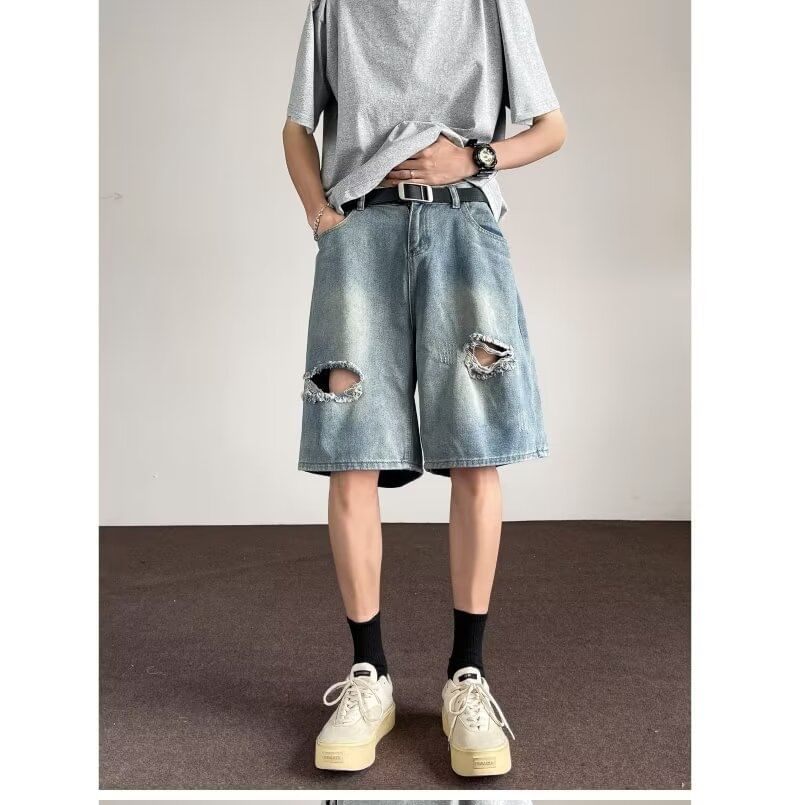 Kimeya - Mid Rise Washed Distressed Wide Leg Denim Shorts