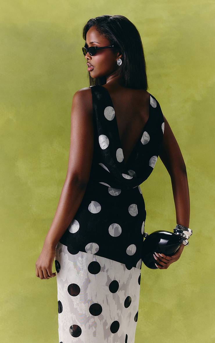 Monochrome Robe Longue En Mousseline À Pois Surdimensionnés Jacquard Avec Dos Drapé