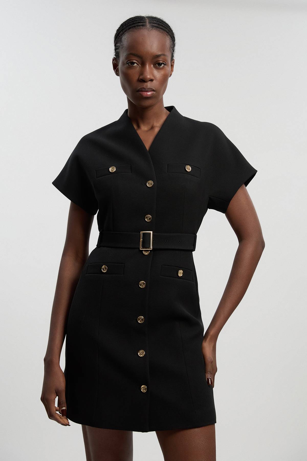 KarenMillen Robe Mini Ceinturée À Col Montant En Tissu Stretch Texturé Compact Petite