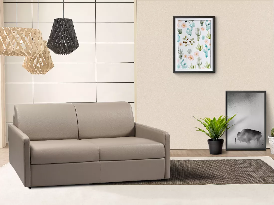 Canapé 3 places convertible express en simili taupe - Couchage à lattes larges 140 cm - Matelas 18 cm CALIFE