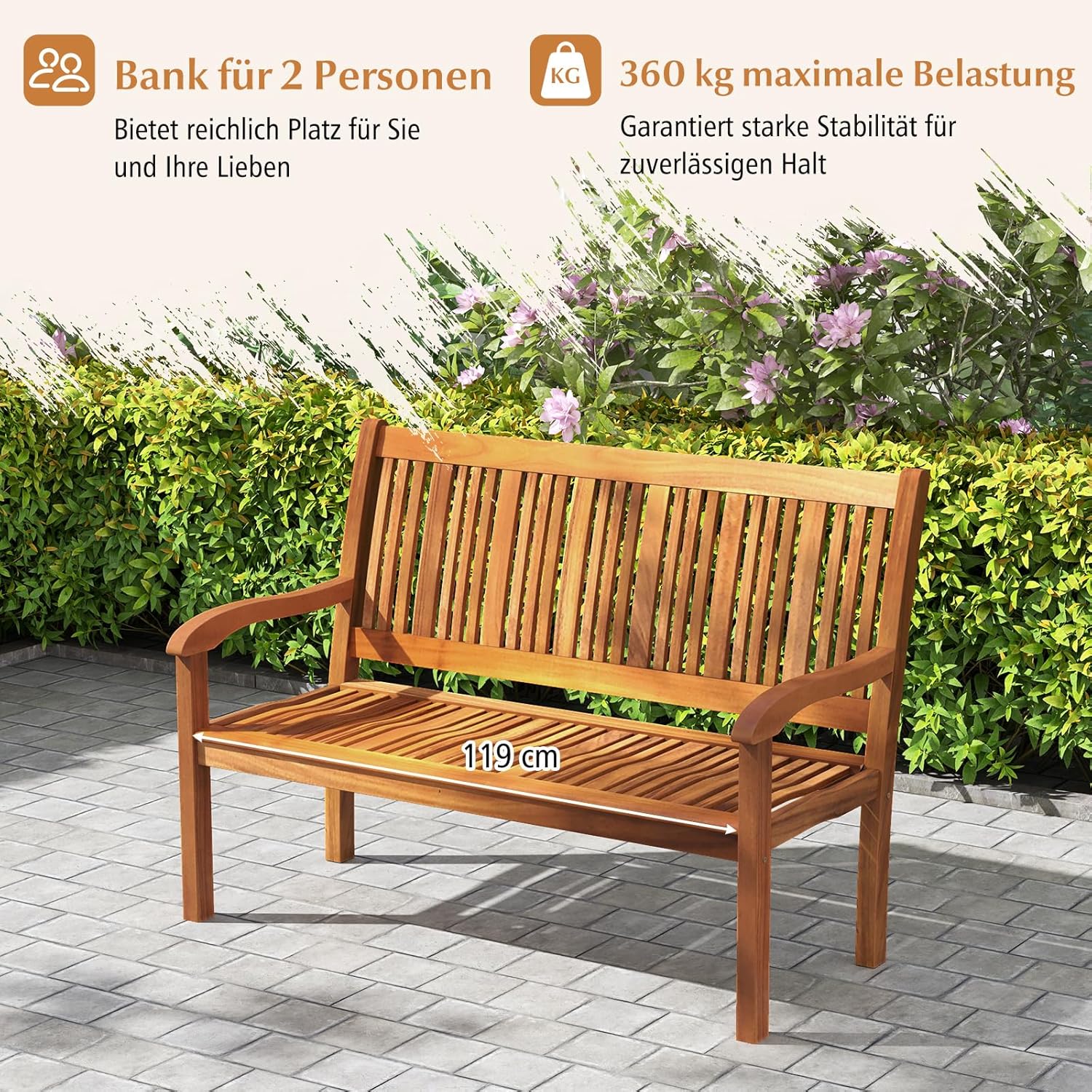 COSTWAY Gartenbank Holz, Holzbank wetterfest, Sitzbank für 2-3 Sitzer, Balkonbank aus Akazienholz bis 320 kg belastbar, Parkbank für Terrasse, Balkon, Garten, FSC®-Zertifiziert, 126 x 63 x 91 cm
