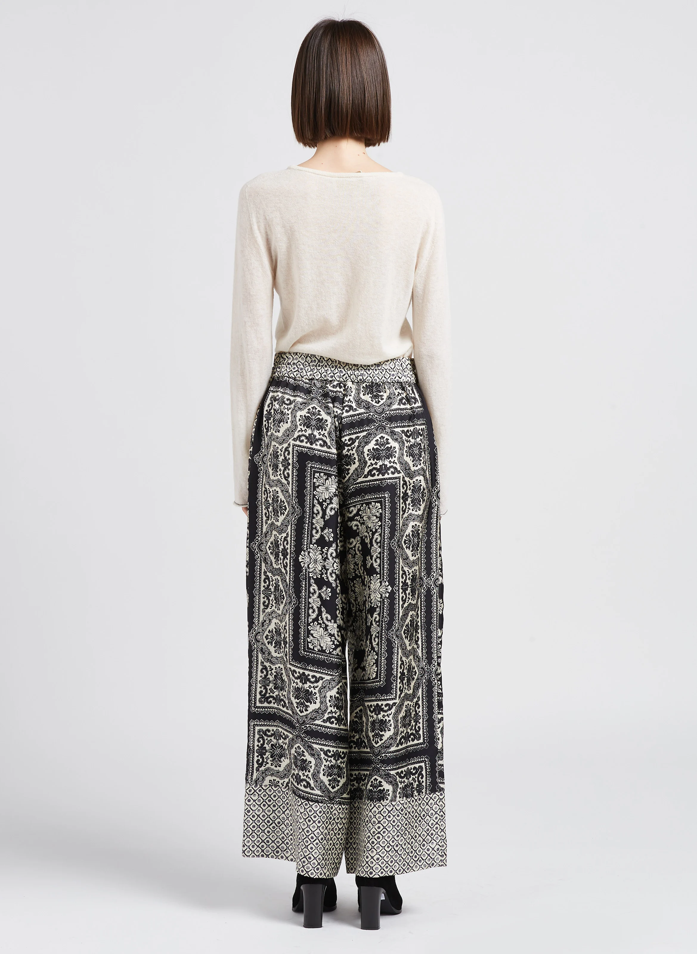 CAMILLE BIS - Pantalon large imprimé en soie| Blanc