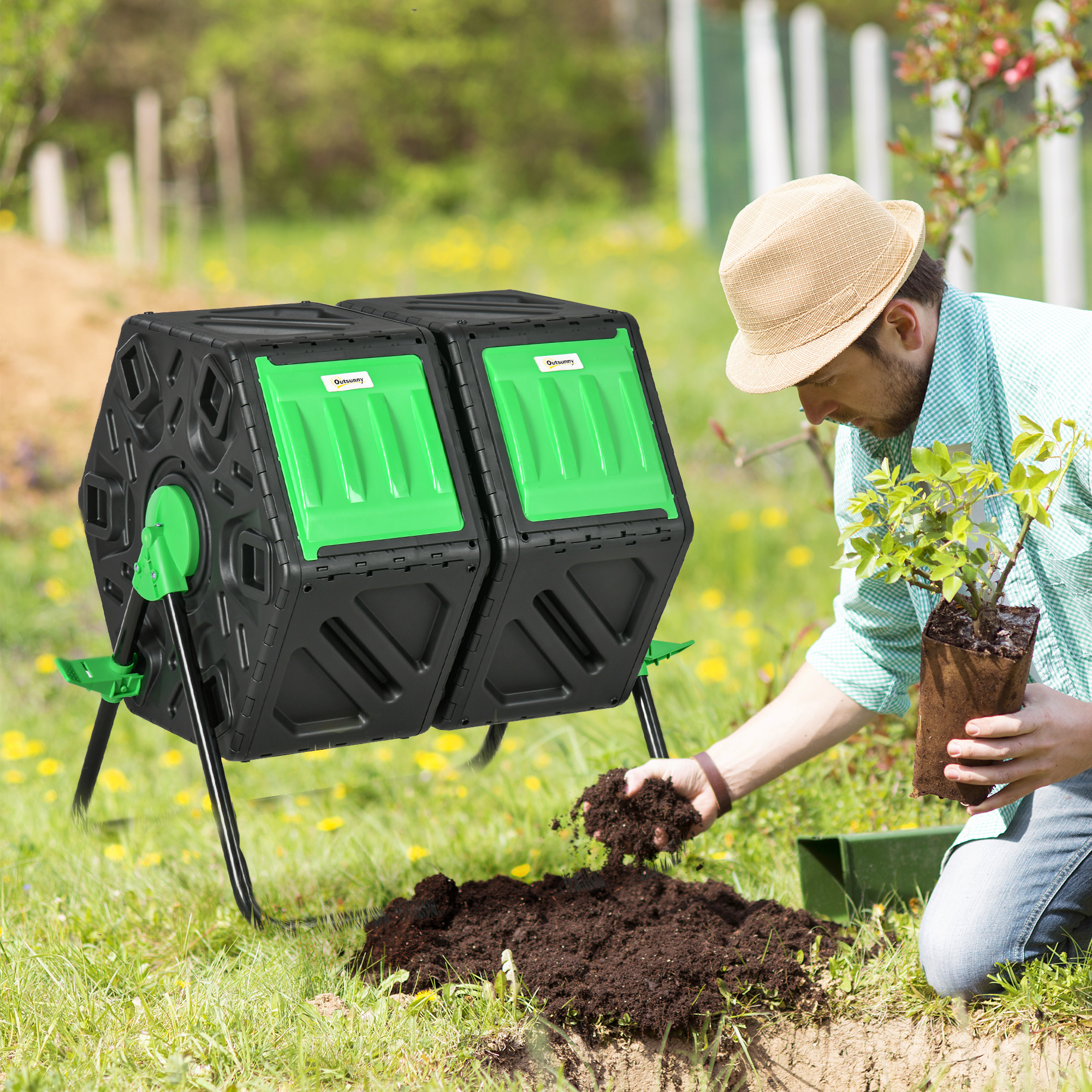 Compostor de jardim Outsunny de câmara dupla preto