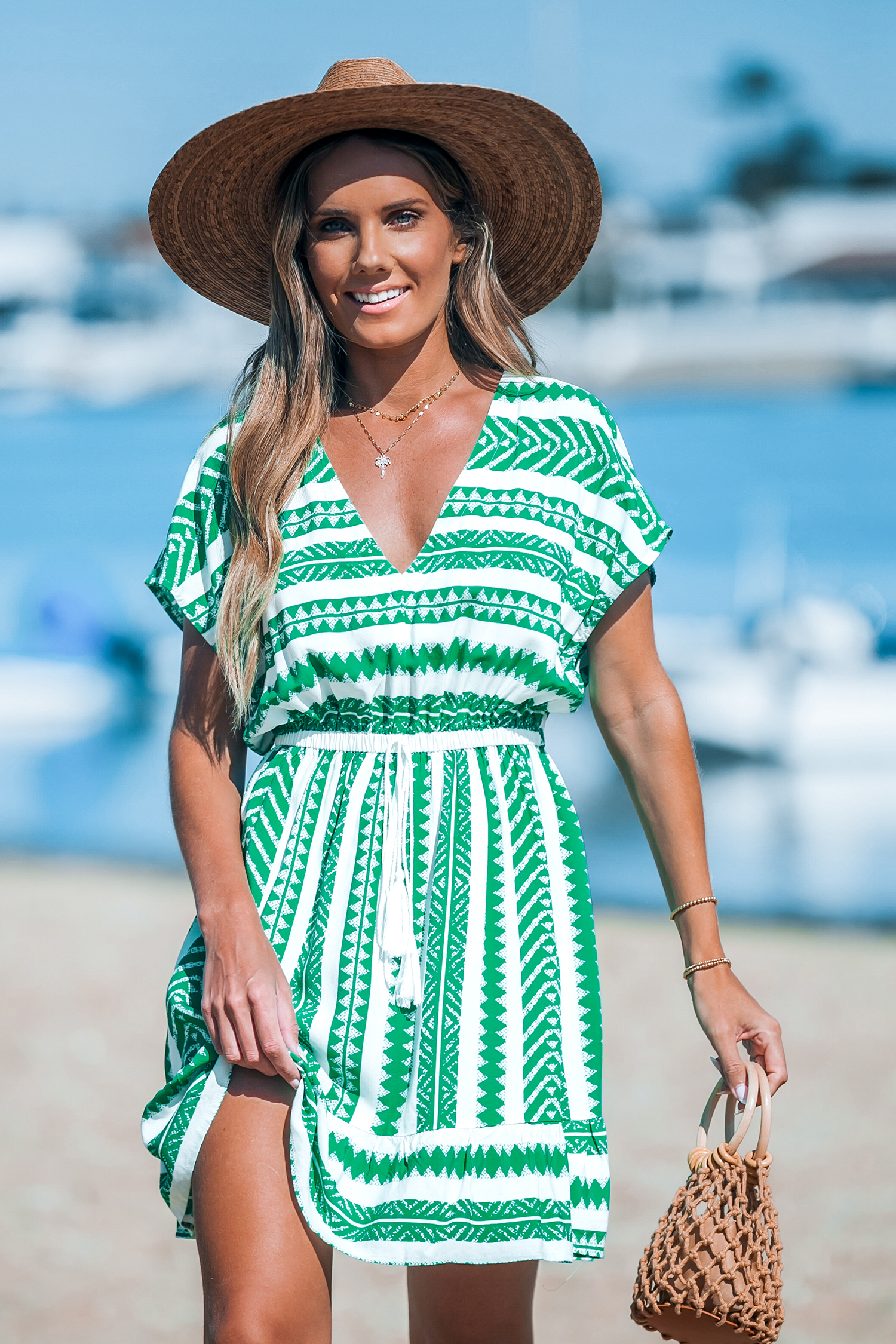 Robe cover up mini à manches dolman géométrique verte