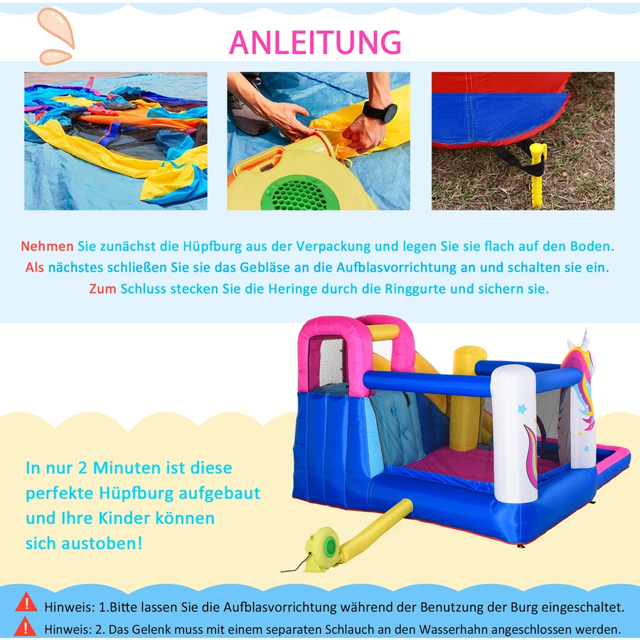 Outsunny Kinderhüpfburg mit Rutsche und Pool bunt