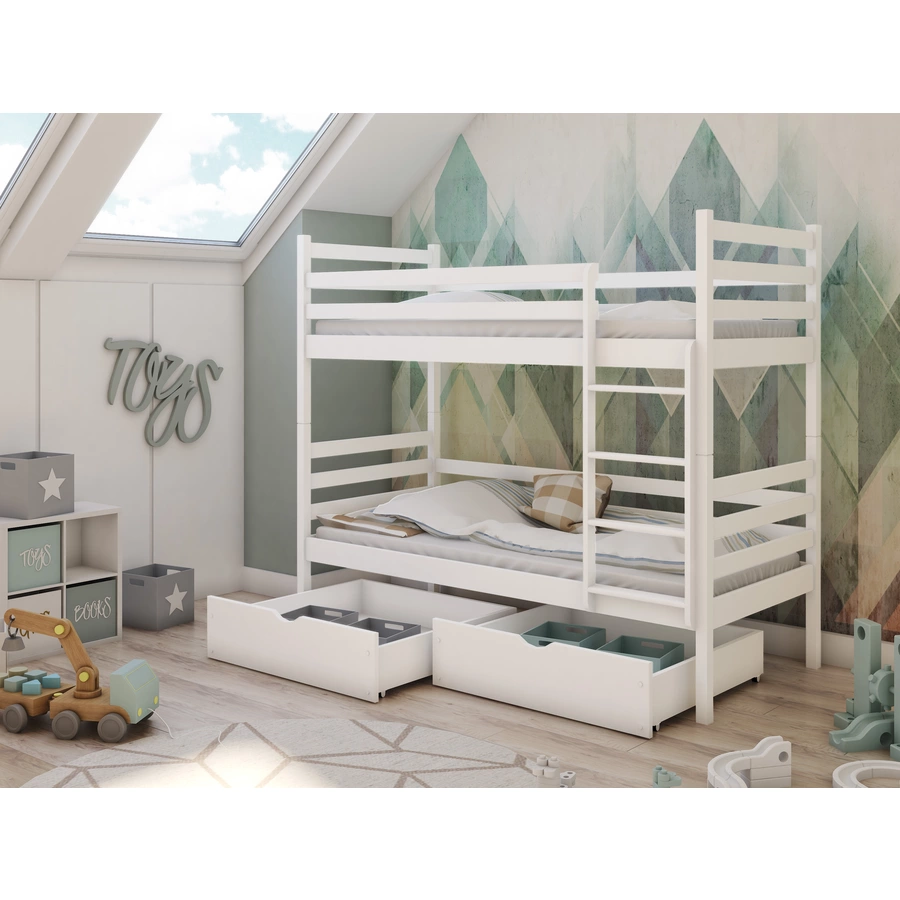 Kids Collective Hochbett 90x200 Etagenbett mit Rausfallschutz und Lattenrost weiß mit Schublade