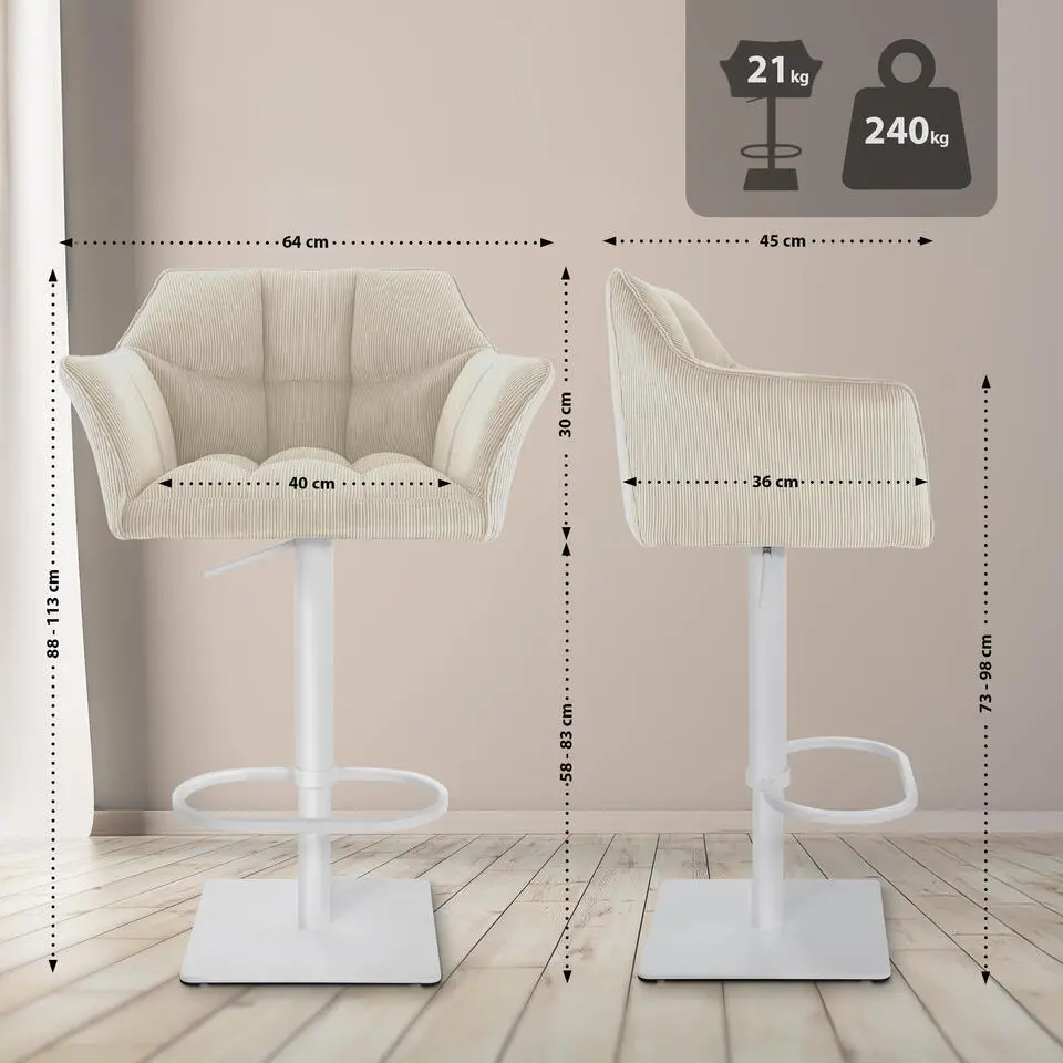 CLP Barkruk Damaso wit Frame - Ribstof - creme