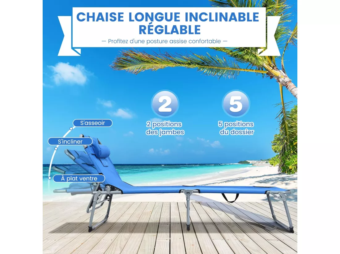 Chaise Longue Pliante Réglable à 5 Positions avec Appuie-tête Cavité Faciale, Bain de Soleil en Tissu et velours Oxford Charge 150KG, pour Piscine Plage Cour CamBoisg, Bleu