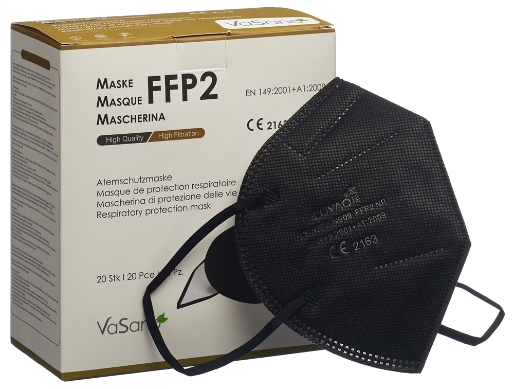 VASANO Maske FFP2 schwarz versiegelt deutsch französisch italienisch 20 Stk