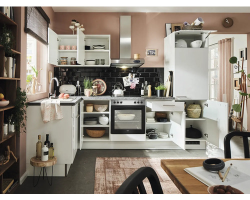 PICCANTE Plus hoekkeuken met Pearl apparatuur, 440 cm, wit hoogglans, voorgemonteerd, 2786232